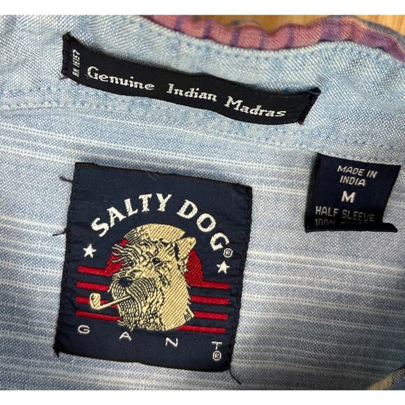 VTG Salty Dog Gant Mens Madras Short Sleeve Button Up Purple Green Plaid Size M - Picture 5 of 6